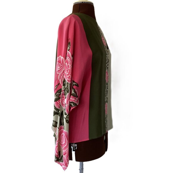Olive/Fushia Floral Print Silk Blouse - Picture 4 of 8